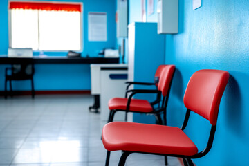 Naklejka premium A bright waiting area featuring red chairs against a blue wall, with a desk and window in the background, creating a welcoming atmosphere.