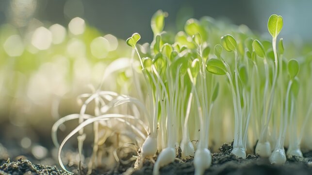 Close up of germinated wheat grass with white roots sprouting through soil showcasing growth and vitality in a natural setting