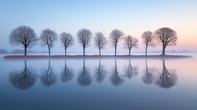 Tranquil early morning reflection of bare trees along Lake Erlensee in Hanau Hesse Germany showcasing serene natural beauty.