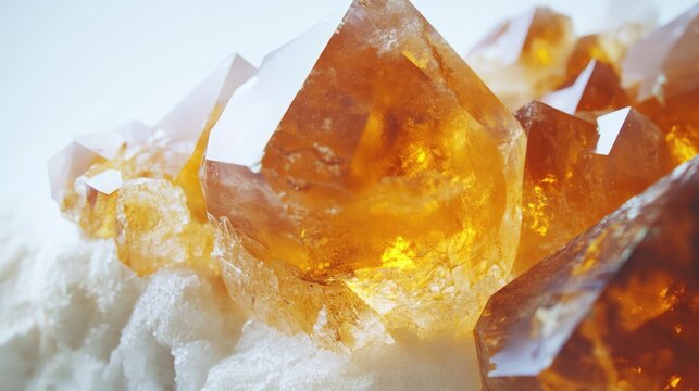 Macro shot of Drusus quartz crystals with sphalerite on white background showcasing their vibrant orange hues and intricate details