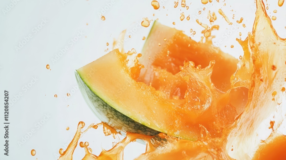 Poster fresh melon slice with vibrant orange pulp splashing against a clean white background showcasing jui