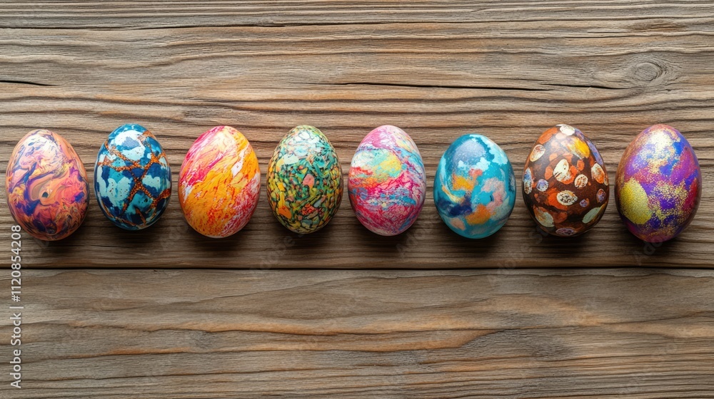 Poster colorful handmade easter eggs arranged in a row on a rustic wooden background celebrating spring and