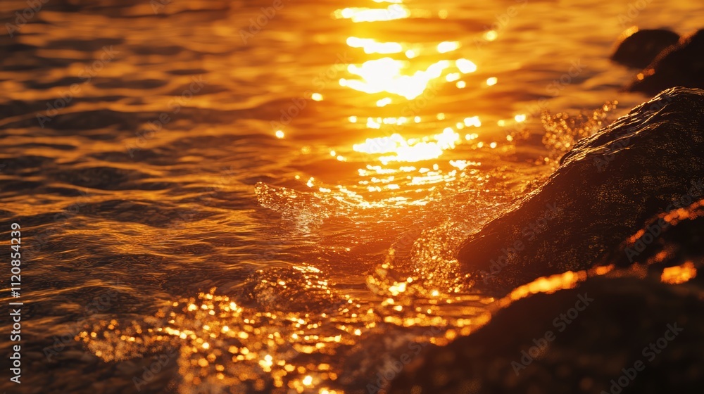 Poster golden hour sunset reflecting on water with gentle waves and rocks along the shoreline creating a se
