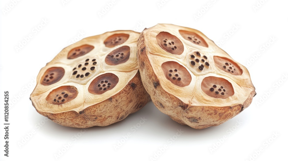Poster lotus root sliced in half showcasing inner structure isolated on clean white background for culinary