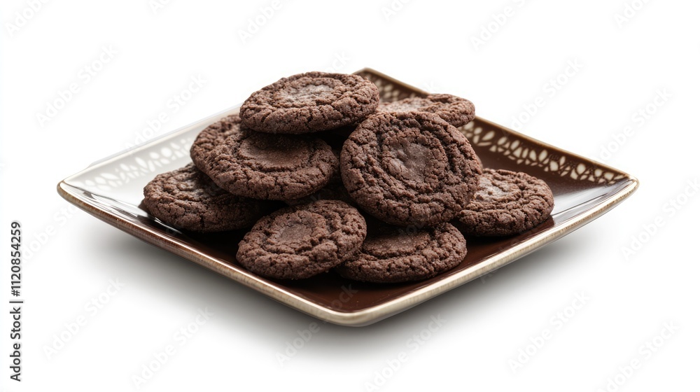 Aufkleber chocolate cookies arranged on a decorative square plate against a clean white background inviting an
