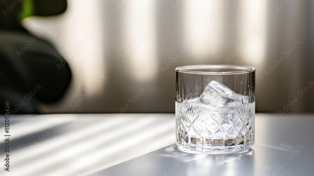 Poster crystal clear ice water in a glass resting on a white surface with soft shadows and natural light cr