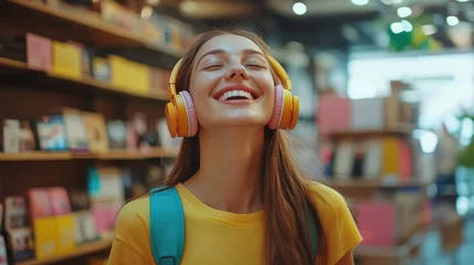 Wall murals Joyful woman enjoying music with headphones in vibrant store setting experiencing a moment of blissful immersion in sound and style.