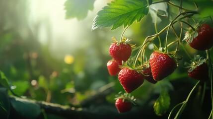 Obraz premium Fresh ripe strawberries hanging on a green branch in a sunny outdoor setting capturing natural sweetness and vibrant colors.