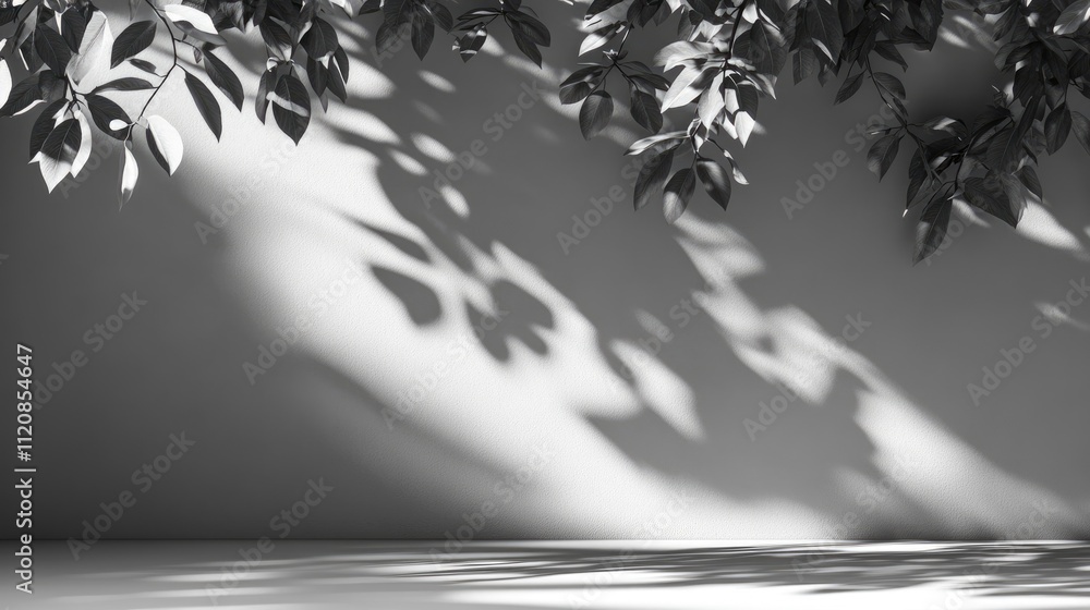 Aufkleber Shadows of leaves on a wall and sidewalk creating an elegant minimalist background for product display in black and white nature setting