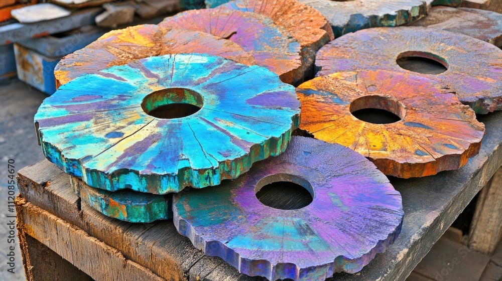 Poster colorful vintage grinder discs displaying unique textures and hues arranged on a wooden surface in a