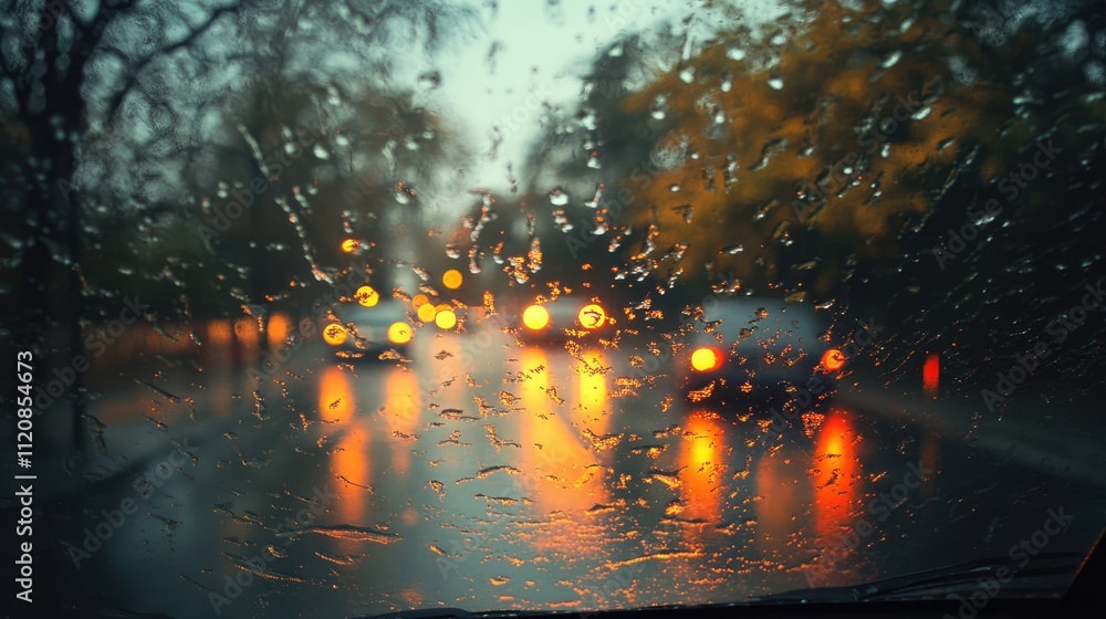 Poster Golden Hour Reflections on Rainy Car Window with Blurred Trees and Colorful Bokeh Lights in Motion