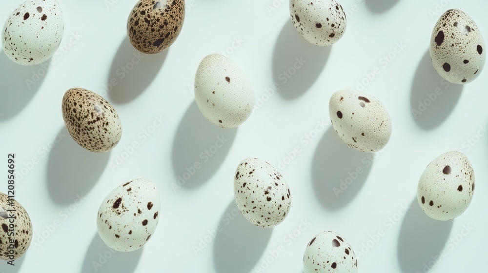 Aufkleber Quail eggs with speckled patterns arranged artistically on a clean white background creating a minimalist and natural aesthetic.