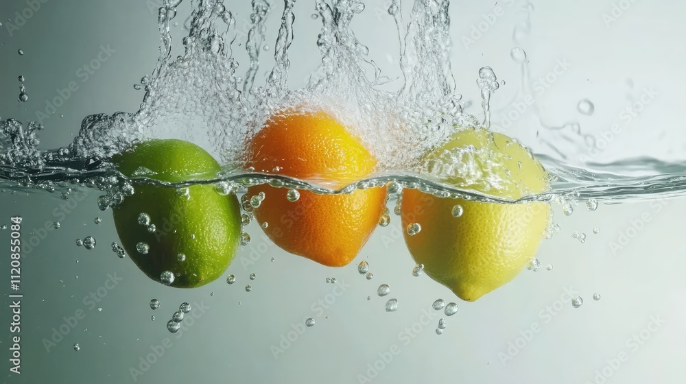Poster citrus fruits splash into water creating bubbles and dynamic energy highlighting freshness and vibra