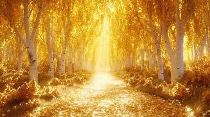 Obraz premium Golden autumn forest pathway illuminated by soft light with vibrant yellow foliage and light-colored gravel creating a serene atmosphere.