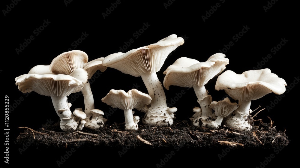 Poster button mushrooms agaricus bisporus thriving in rich black soil capturing the essence of nature and a