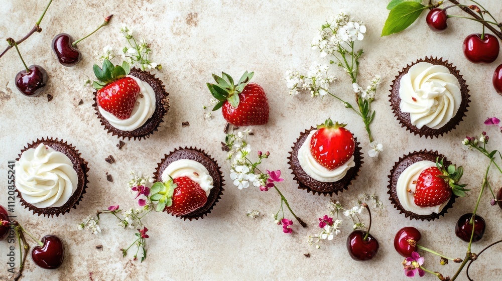 Poster Delicious chocolate cupcakes topped with strawberries and decorated with wild cherry branches ideal for cookbook or menu design horizontal layout
