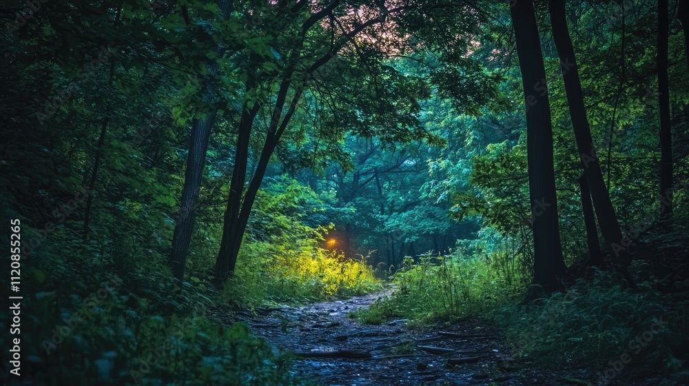 Poster serene summer evening in a vibrant forest illuminated by soft glowing light among lush greenery and 