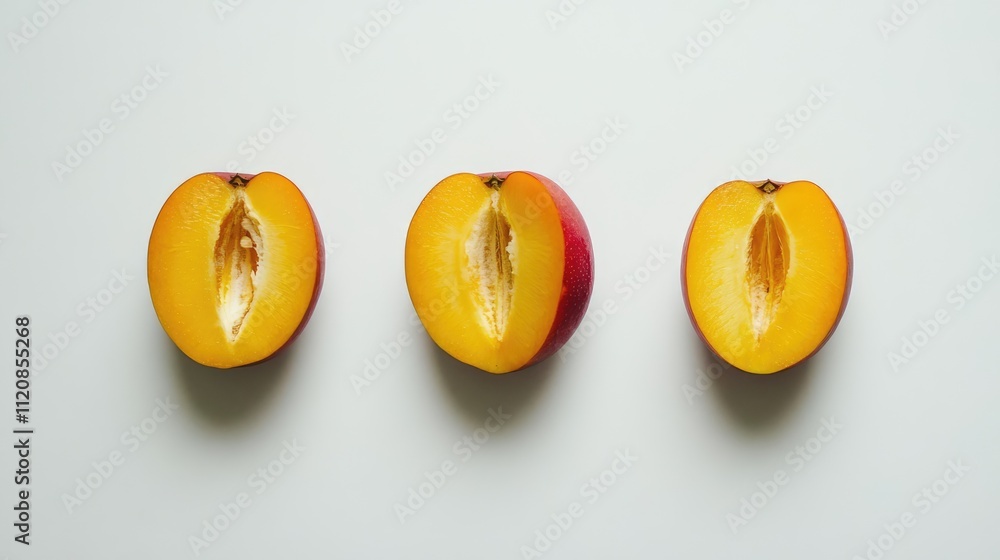 Aufkleber sliced mango halves arranged in a row on a clean white background showcasing vibrant colors and text