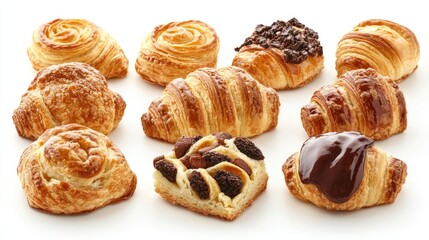 Assorted pastry biscuits and croissants arranged on a white background showcasing delicious baked treats and diverse textures.