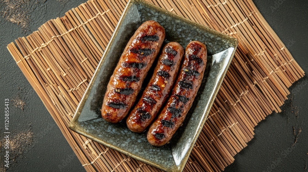 Poster Grilled sausages on a square plate served on a bamboo mat against a textured background in a rustic dining setting