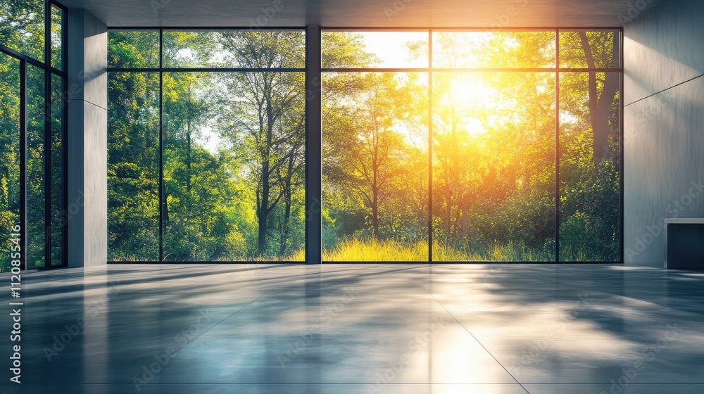 Poster modern interior space with large glass windows showcasing serene nature view and warm sunlight creat