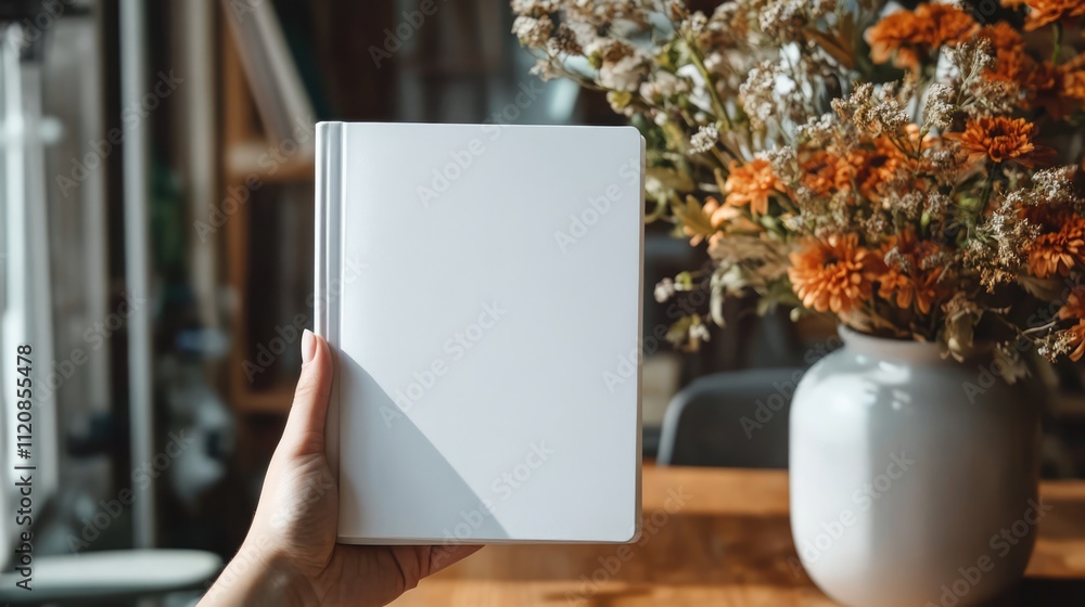 Poster hand holding blank book mockup with flowers in vase on table minimalist design concept reading leisu