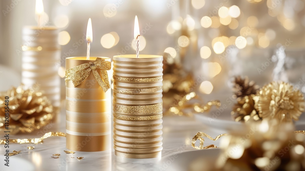 Poster elegant golden birthday candles with ribbon on a festive table surrounded by decorative elements and