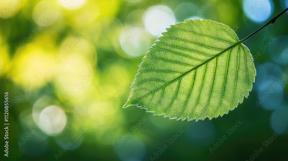 Poster close up of a green leaf illuminated by sunlight with a blurred background and ample copy space for 