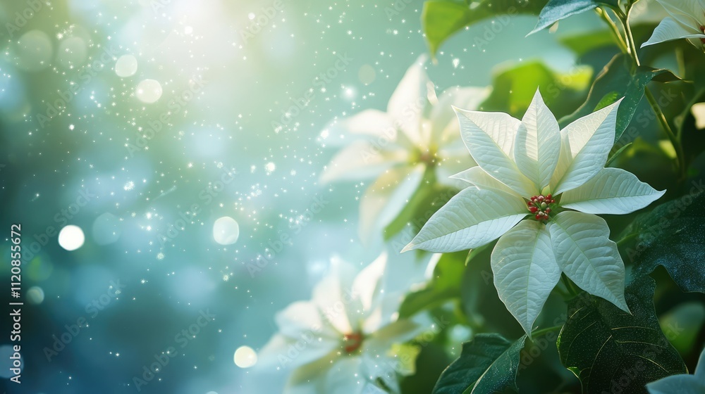 Poster white poinsettia flowers in bloom with a natural garden background and soft bokeh effect creating a 