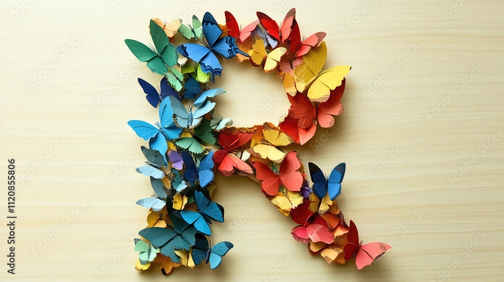 Poster multicolored paper butterflies forming the letter r on a wood background creating a vibrant and arti
