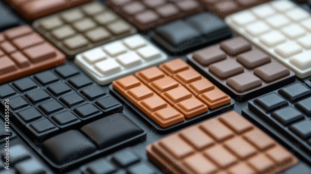 Poster macro view of assorted chocolate bars arranged artistically with selective focus highlighting textur