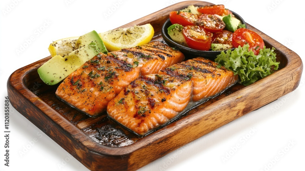 Aufkleber grilled red salmon fillet with lemon avocado and tomatoes on a wooden serving platter against a ligh