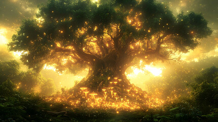 Naklejka premium Glowing ancient tree in mystical forest at sunset.