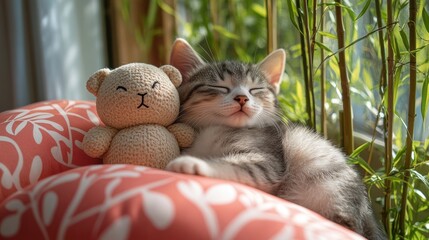 Kitten Snuggling with Soft Toy on Cozy Couch in Natural Light