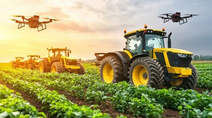 Obraz premium Tractors and drones working in a vibrant agricultural field at sunset.