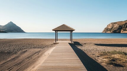 Fototapeta premium Serene beach view with a wooden pavilion overlooking calm waters and mountains under clear blue sky