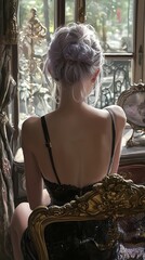 Serene Woman with Silver Hair Sitting by an Ornate Window, Back View.