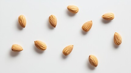 Almond nuts scattered on a clean white background showcasing their natural texture and shape ideal for health and nutrition themes