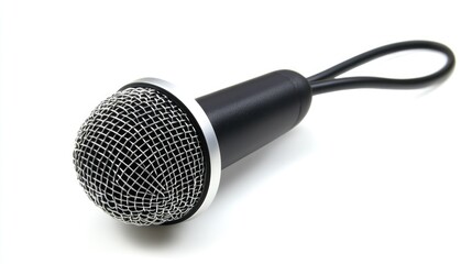 Microphone with a silver mesh grille on a white background showcasing audio equipment for music and communication purposes