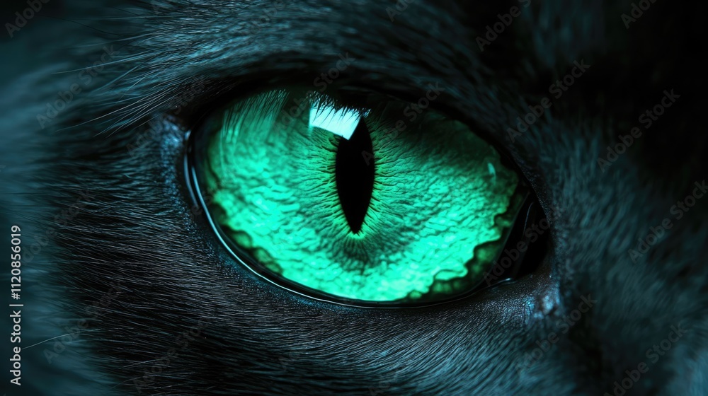 Poster Close-up macro shot highlighting the stunning emerald green eyes of a cat with intricate details and textures in the fur and iris.