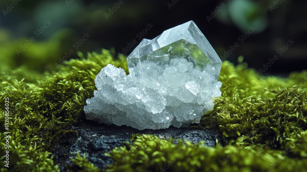 Poster natural halite mineral crystal on mossy stone surface showcasing geology and macro details in a sere