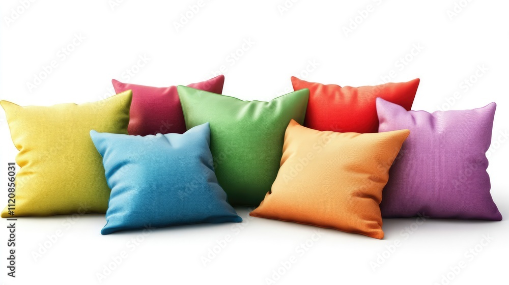 Poster colorful decorative pillows arranged in a vibrant display on a white background ideal for interior d