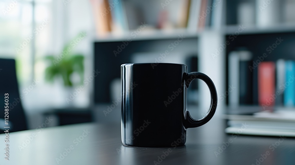 Poster black mug with key performance indicators on an office desk in a modern workspace conveying producti