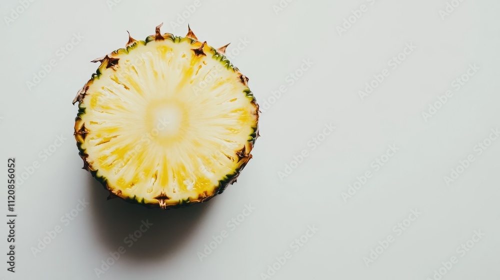 Poster fresh half ripe pineapple sliced with juicy interior displayed on a light background for culinary an