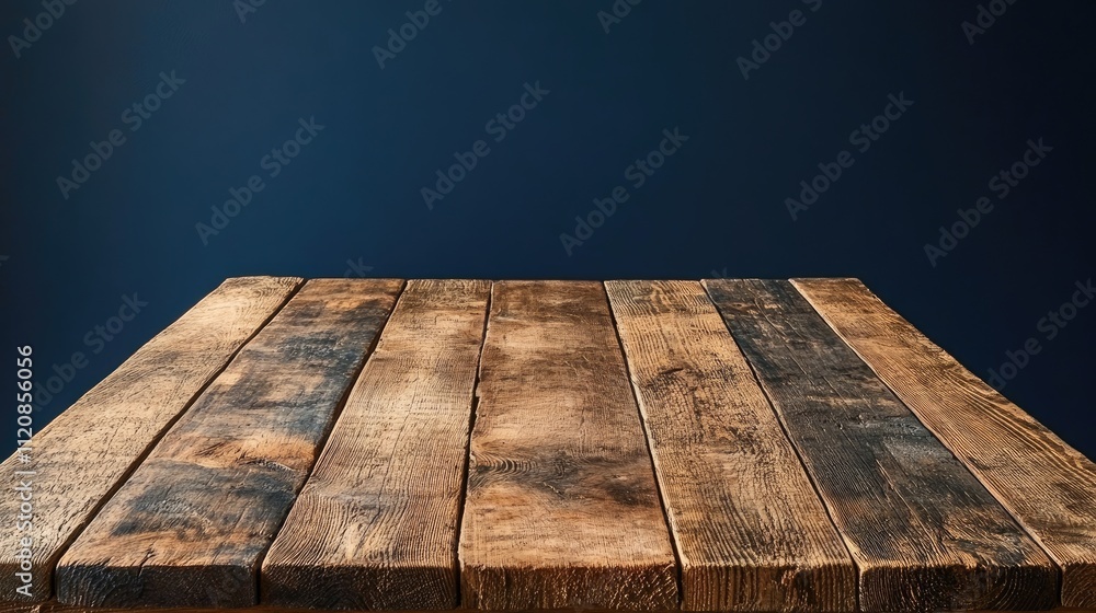Poster rustic wooden table surface with dramatic lighting against a dark background ideal for product displ