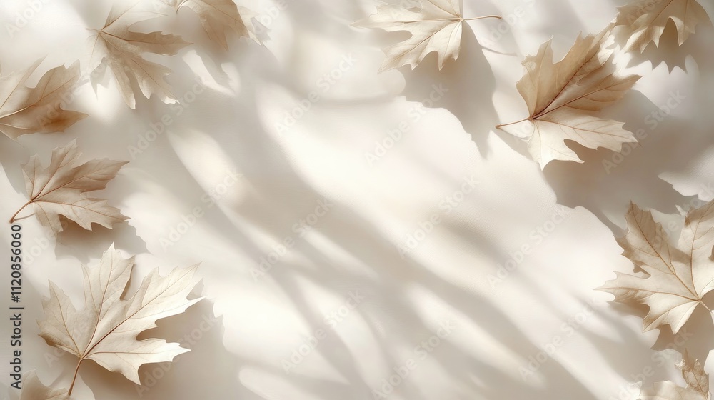 Poster minimalistic autumn background with cream shades and shadows of dried maple leaves creating a serene