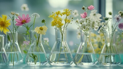 Laboratory setup showcasing natural organic extraction with flowers in flasks highlighting research in aromatherapy for health and beauty care.