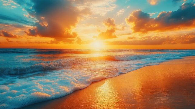 Golden hour beach scene with dramatic sunrise clouds reflecting golden waves on tranquil water surface. Beautiful coastal landscape.