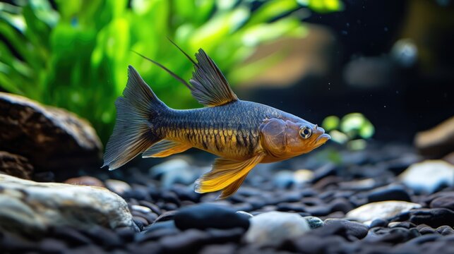 Hybrid Catfish Clarias gariepinus Clarias macrocephalus swimming gracefully in a tranquil aquarium with natural aquatic plants and pebbles.