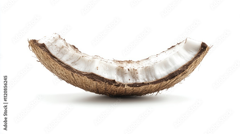 Poster half coconut shell with white flesh isolated on clean background for culinary and natural design con